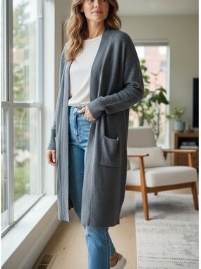 NWT'THE CASHMERE PROJECT 100% CASHMERE Gray Long Plush Open Front CARDIGAN Sz S